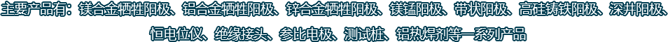 主要產(chǎn)品有：鎂合金犧牲陽(yáng)極、鋁合金犧牲陽(yáng)極、鋅合金犧牲陽(yáng)極、鎂錳陽(yáng)極、帶狀陽(yáng)極、高硅鑄鐵陽(yáng)極、深井陽(yáng)極、恒電位儀、絕緣接頭、參比電極、測(cè)試樁、鋁熱焊劑等一系列產(chǎn)品